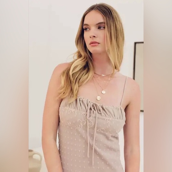 NWT-Swiss Dot Lace Trimmed Spaghetti Strap Bias Midi Dress - Picture 9 of 12